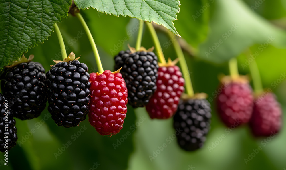 Black Ripe and Red Unripe Mulberries | Contrast of Fresh, Juicy Mulberries at Different Stages of Ripeness Black Ripe and Red Unripe Mulberries | Contrast of Fresh, Juicy Mulberries at Different Stages of Ripeness