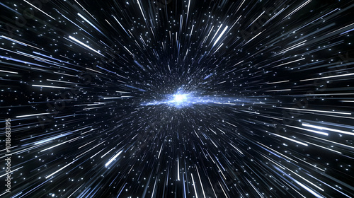 Abstract Blue and White Lights Streaking Across Black Background, Creating a Starry Night Sky Effect