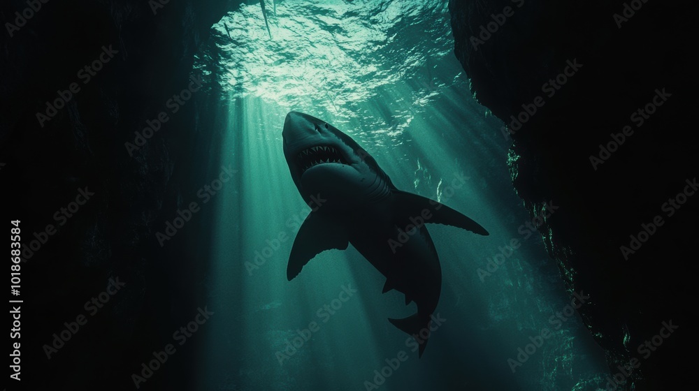 Fototapeta premium Majestic Shark Gliding Through Sunlit Waters