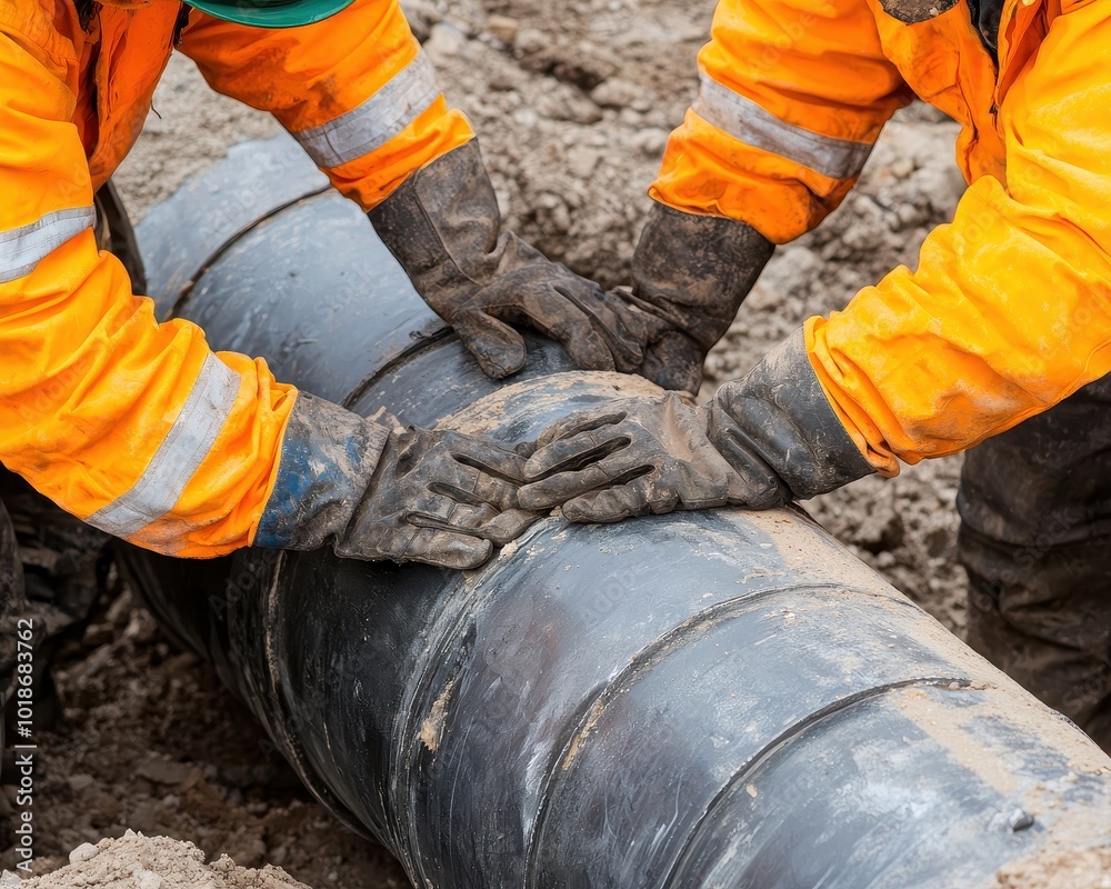 Two workers in orange uniforms repair a large black pipe in a construction site using their hands, showcasing teamwork in an outdoor environment. Two workers in orange uniforms repair a large black pipe in a construction site using their hands, showcasing teamwork in an outdoor environment.