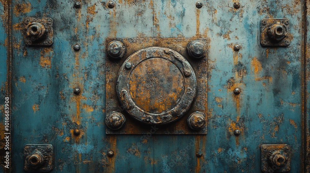 Rusty blue metal door with circular lock and rivets in an industrial setting Rusty blue metal door with circular lock and rivets in an industrial setting