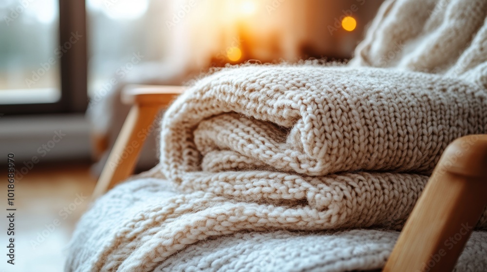 Soft cream wool blanket elegantly folded on a wooden chair, illuminated by warm natural light in a cozy space Soft cream wool blanket elegantly folded on a wooden chair, illuminated by warm natural light in a cozy space