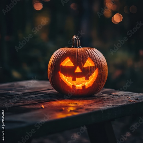 Jack Oâ Lantern On Table In Spooky Night - Halloween With Full Moon photo