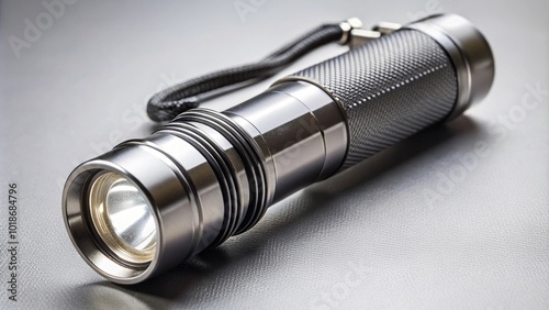 Black and silver pocket flashlight with clip at a low angle