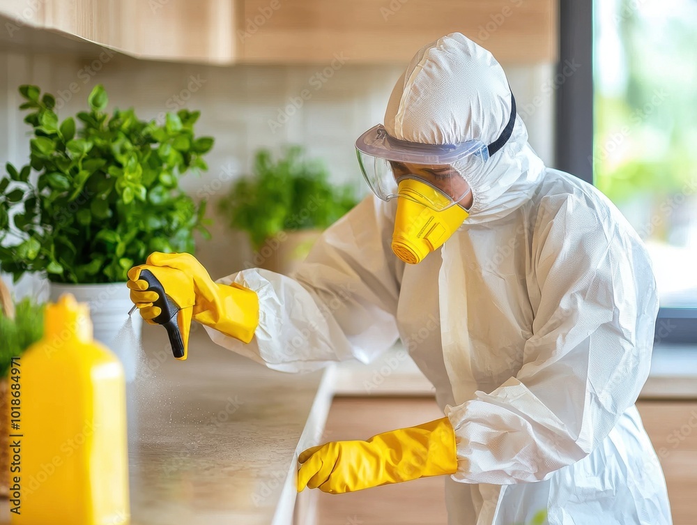 Person in protective gear cleaning a kitchen surface with a spray bottle. Person in protective gear cleaning a kitchen surface with a spray bottle.