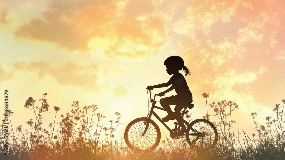 Fototapeta premium Silhouette of Child Riding Bicycle at Sunset