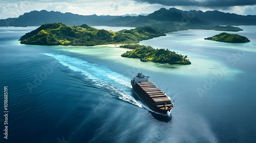 Merchant navy cargo ship crossing through tropical waters, passing small islands on its global journey.