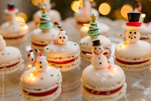 A festive presentation of macarons decorated with tiny Christmas trees, snowmen, and holiday lights