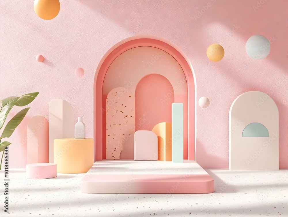 Minimalist pastel pink 3D studio set featuring a clean floor and wall with a product display podium showcasing a soft natural light and shadow effect Minimalist pastel pink 3D studio set featuring a clean floor and wall with a product display podium showcasing a soft natural light and shadow effect