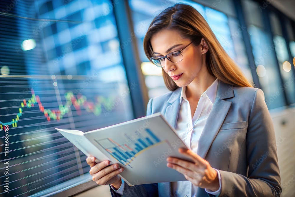 Focused businesswoman analyzing financial report with stock market data in office Focused businesswoman analyzing financial report with stock market data in office
