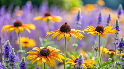 Black Eyed Susan rudbeckia cone flowers blooming in a summer garden surrounded by lavender and roses