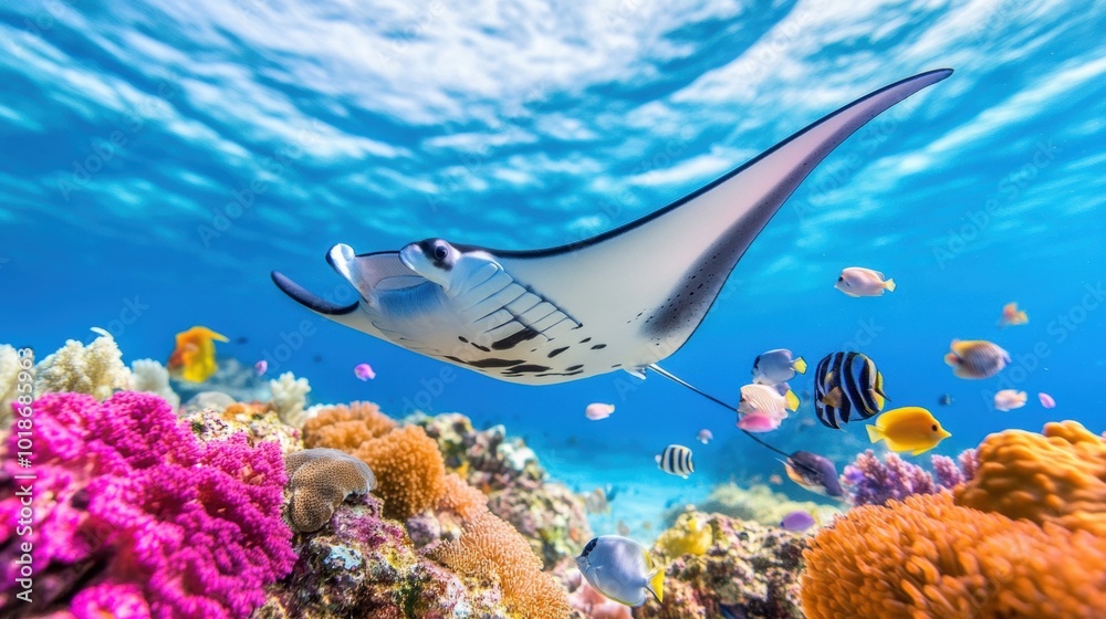 Fototapeta premium Graceful Stingray Swimming in Colorful Coral Reef