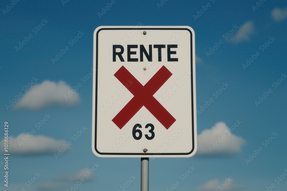Retirement sign with cancellation at 63 (German)
A street sign in German with Rente and the number 63 crossed out symbolizing that pension or retirement benefits are unavailable or canceled at age 63 Retirement sign with cancellation at 63 (German)
A street sign in German with Rente and the number 63 crossed out symbolizing that pension or retirement benefits are unavailable or canceled at age 63