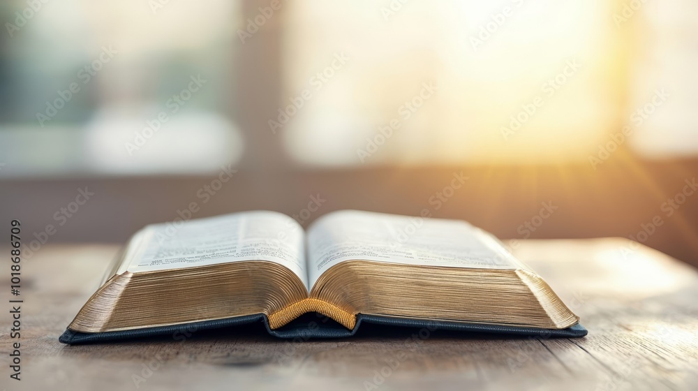 Holy Bible open with sunlight pouring over, a moment of divine revelation, spiritual significance
