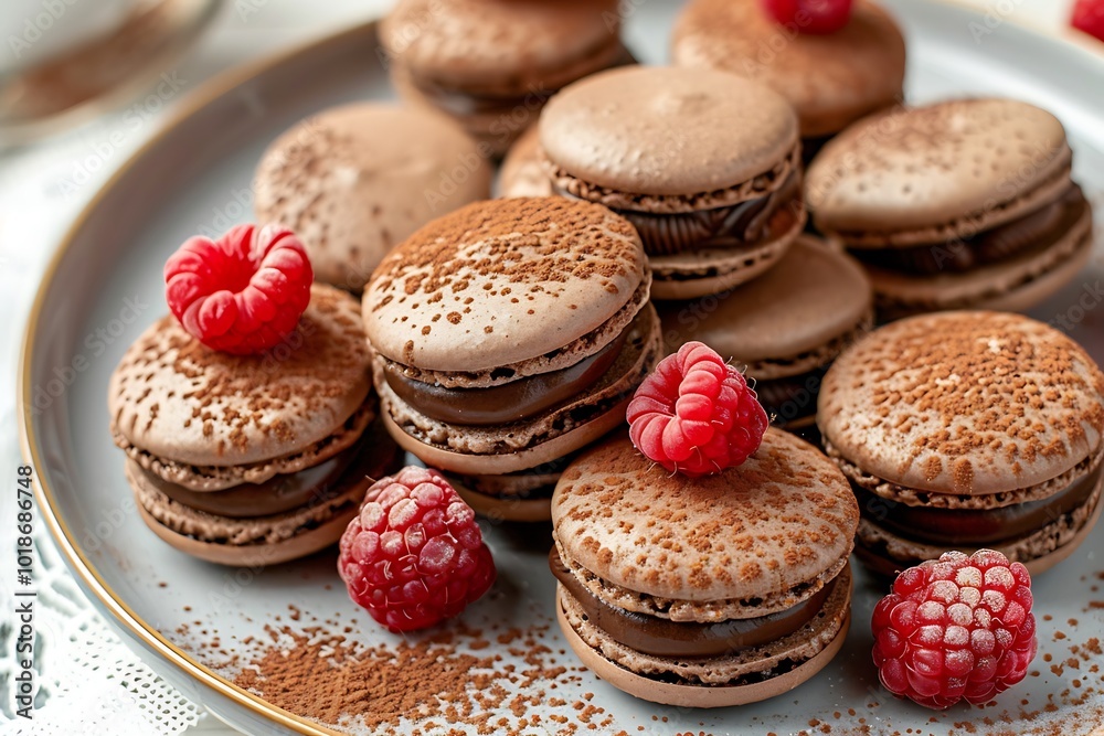 A plate of chocolate and raspberry macarons, each topped with a fresh raspberry and a dusting of cocoa powder A plate of chocolate and raspberry macarons, each topped with a fresh raspberry and a dusting of cocoa powder