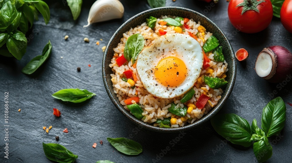 Colorful Rice Dish with Fried Egg and Fresh Vegetables Colorful Rice Dish with Fried Egg and Fresh Vegetables