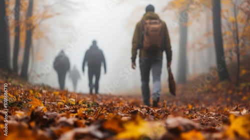 Hunting party walking through dense fog in autumnal forest, serene nature adventure photo