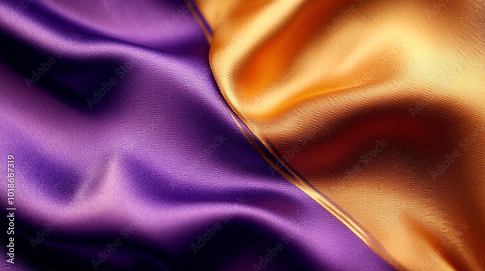 Obraz premium Elegant purple and gold satin fabric draping softly under natural light in a close-up view