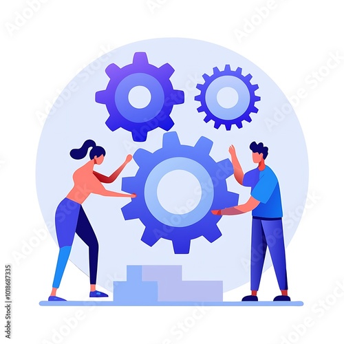 Teamwork and collaboration concept with people assembling gears