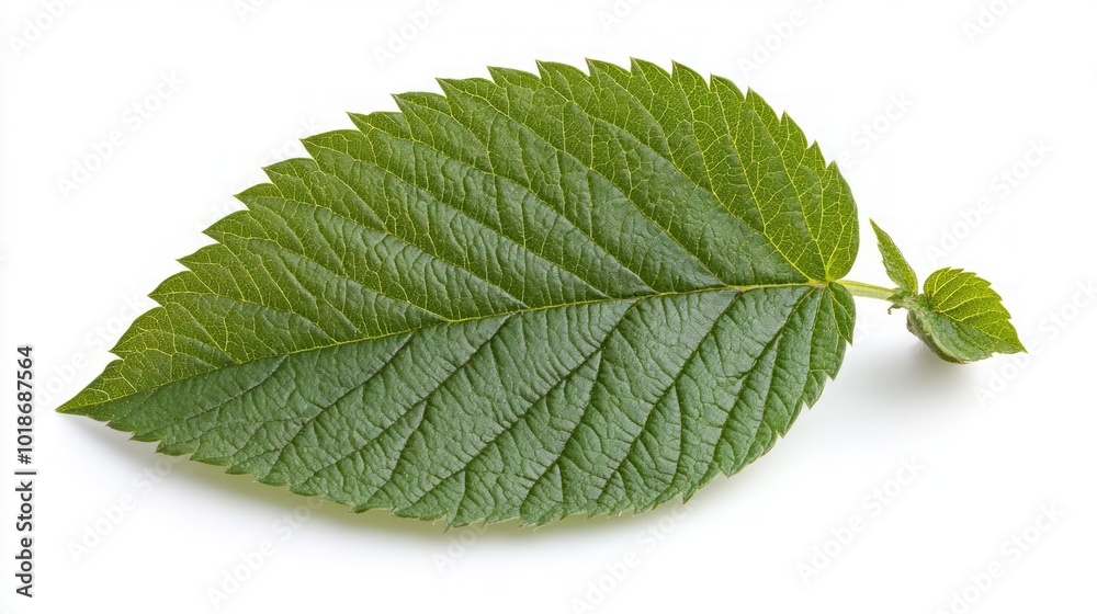 Fototapeta premium A single, green, serrated leaf isolated on a white background.