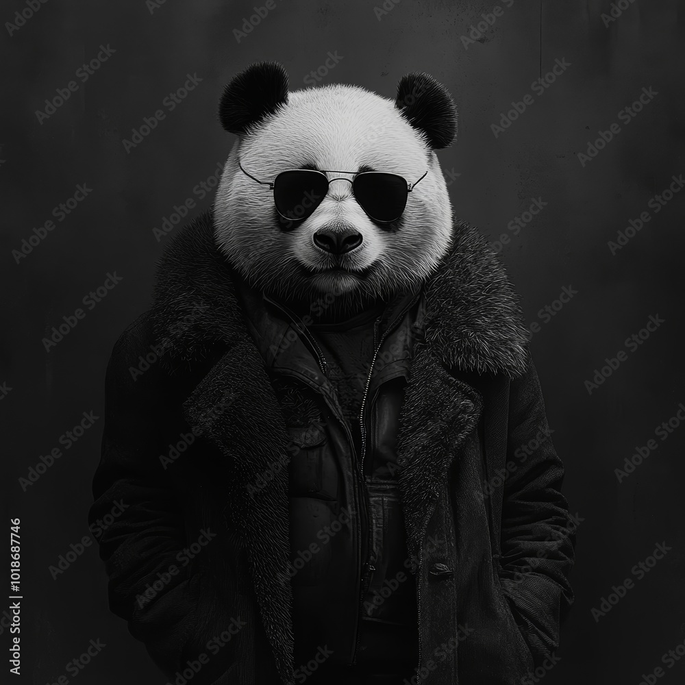a panda in a bank robber outfit, black and white photo a panda in a bank robber outfit, black and white photo