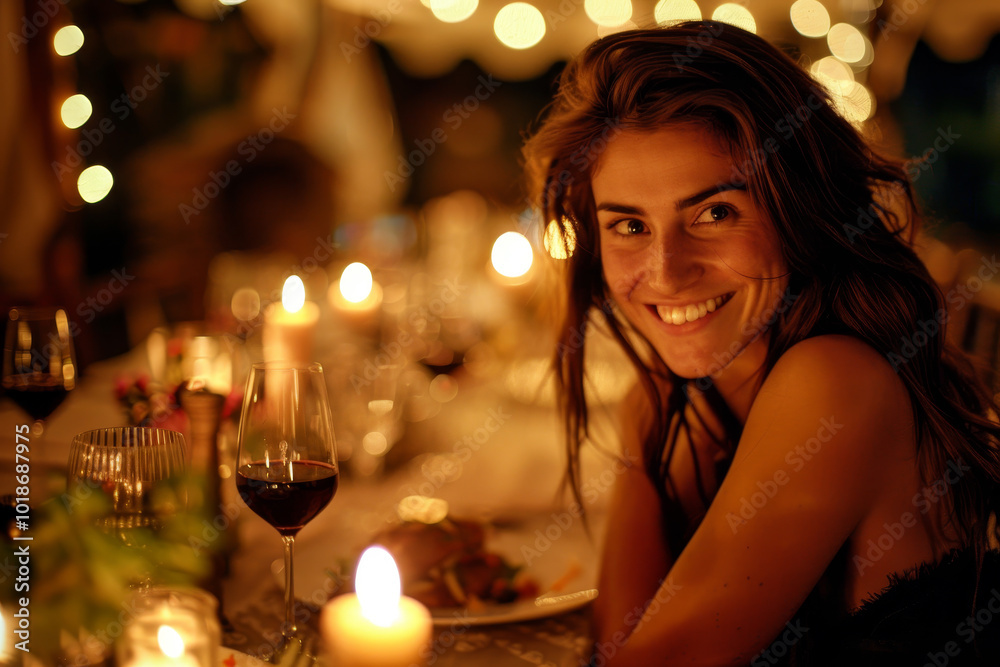 A woman is smiling at the camera while sitting at a table with wine glasses A woman is smiling at the camera while sitting at a table with wine glasses