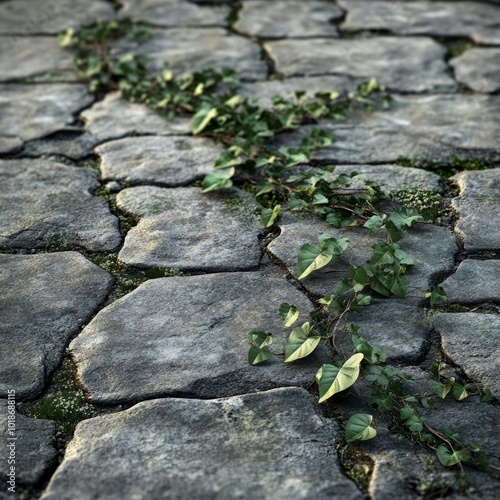 a plant that is growing through some paves stones photo