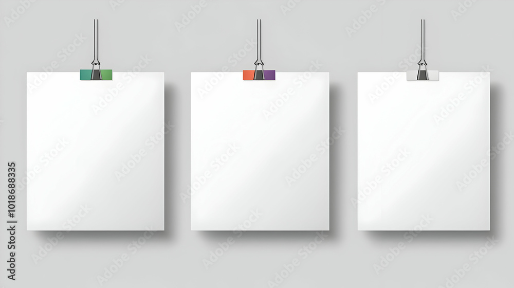 Three Blank White Papers Hanging with Colorful Paperclips Against a Gray Background Three Blank White Papers Hanging with Colorful Paperclips Against a Gray Background