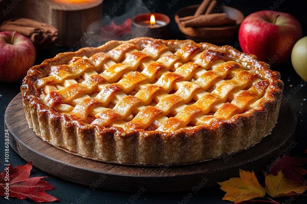 Apple pie decorated with lattice overhead shot, fall baking concept Apple pie decorated with lattice overhead shot, fall baking concept
