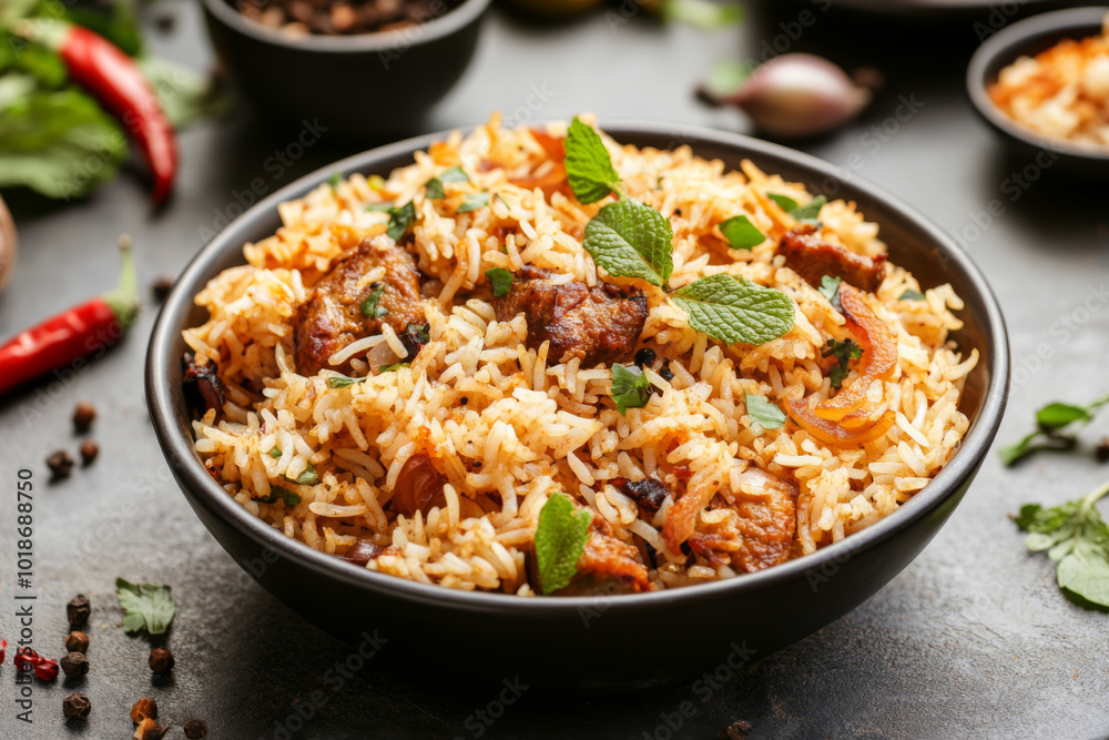 Biryani served in bowl. Traditional Indian rice dish cooked with meat and spices garnished with fried onions and mint Biryani served in bowl. Traditional Indian rice dish cooked with meat and spices garnished with fried onions and mint