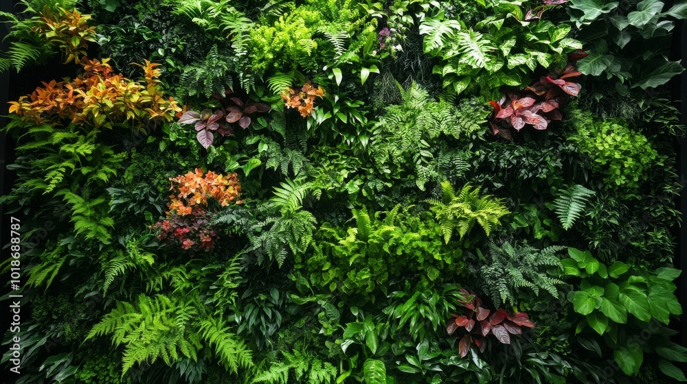 A Lush Green Wall with Diverse Foliage and Subtle Colors A Lush Green Wall with Diverse Foliage and Subtle Colors