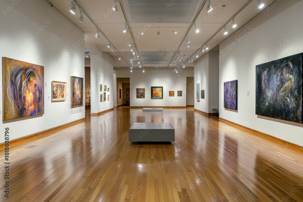 Long art gallery hallway with framed paintings on both walls. Museum interior with paintings hanging on walls