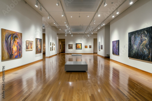 Obraz na płótnie Long art gallery hallway with framed paintings on both walls. Museum interior with paintings hanging on walls w salonie