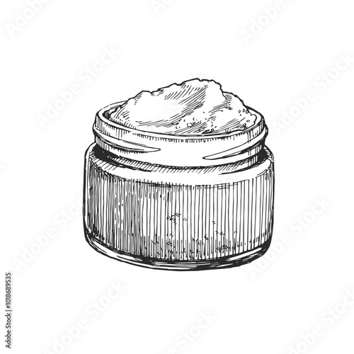Vector hand-drawn illustration of a glass jar with a scrub, isolated on a white background. A sketch of SPA accessories in the style of an engraving.