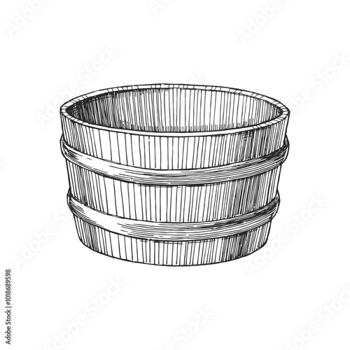 Vector hand-drawn illustration of wooden bucket isolated on white. Sketch of equipment of sauna in engraving style.