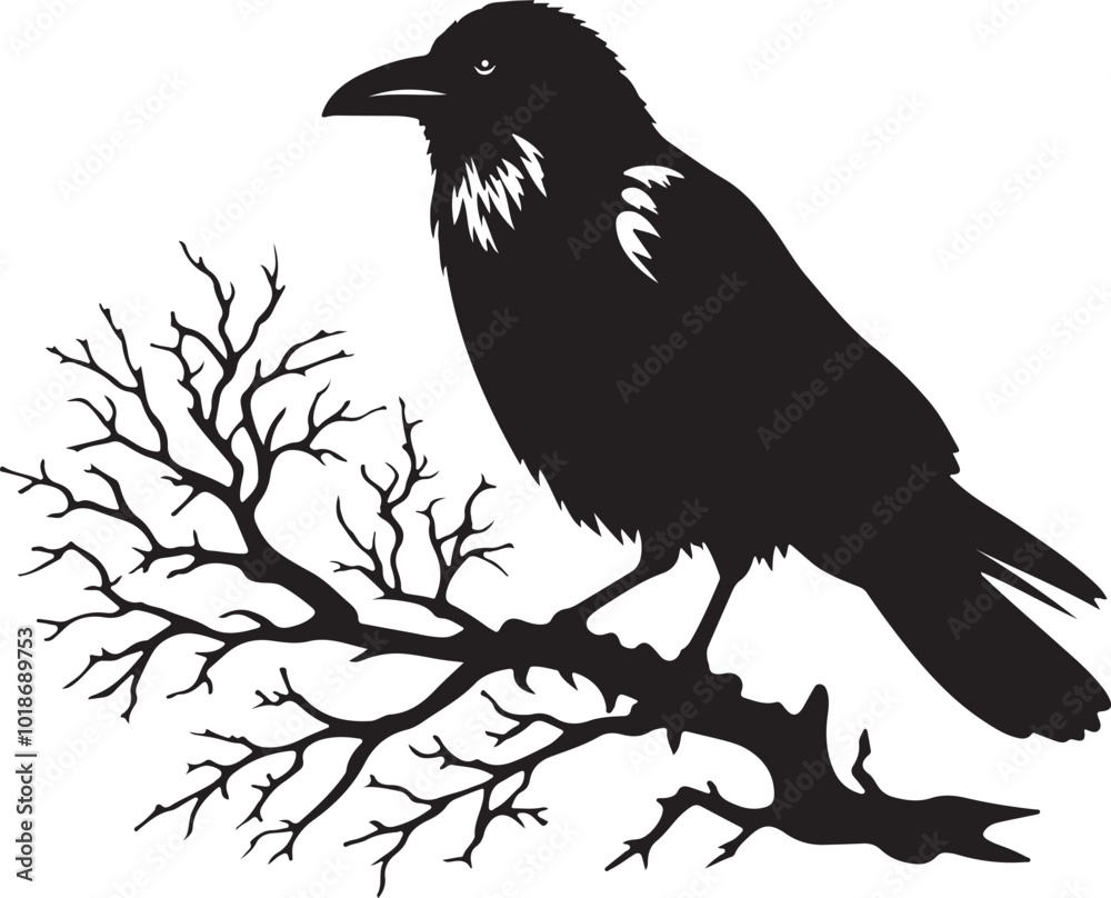 Fototapeta premium Crow on a branch vector silhouette 