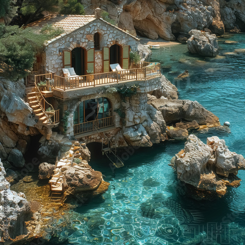 a tiny house built in to the rocks on the Greek coast turquoise clear blue waters photo