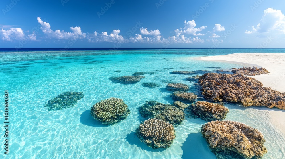 Fototapeta premium Shallow turquoise water with coral reefs and rocks on a tropical beach