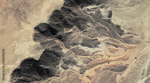 The landscape of the sandy desert in Qatar from a bird's eye view