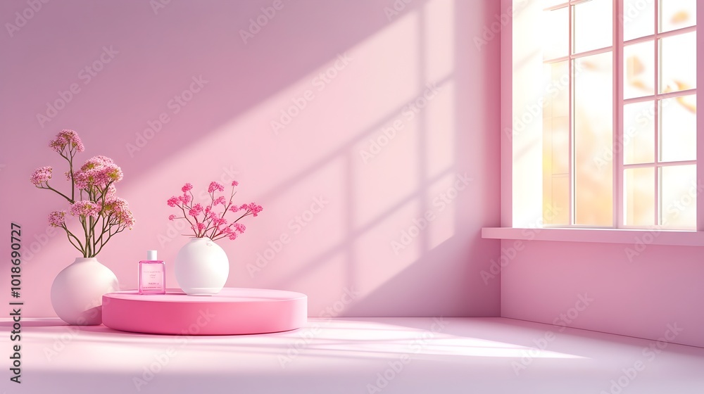 Minimalist 3D studio room with a soothing lilac background an empty floor and wall a product podium a soft shadow overlay from the window to the countertop and a natural sunlight mockup Minimalist 3D studio room with a soothing lilac background an empty floor and wall a product podium a soft shadow overlay from the window to the countertop and a natural sunlight mockup
