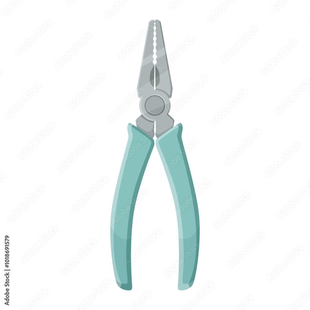 A pair of pliers with turquoise grips, displayed centrally on a white background. Vector illustration