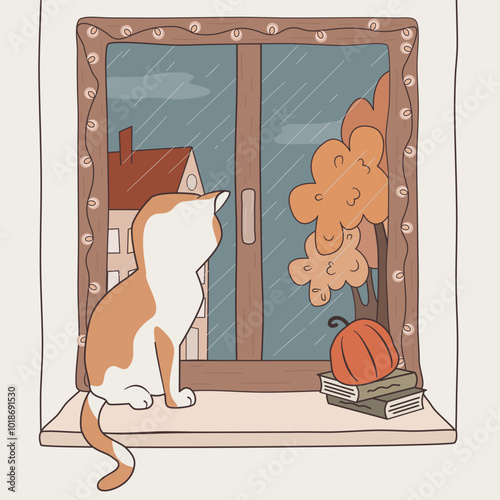 cute hand drawn cartoon white and orange cat at the window in a rainy autumn day fall season vector illustration