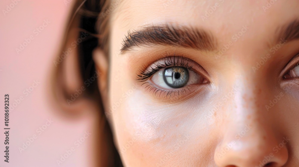 Close up of female eye with bright makeup and brush applying mascara on eyelashes Close up of female eye with bright makeup and brush applying mascara on eyelashes