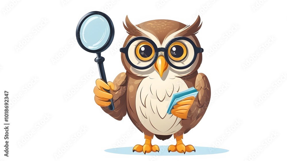 Fototapeta premium Curious Cartoon Owl Wearing Glasses and Holding a Magnifying Glass with Inquisitive Expression