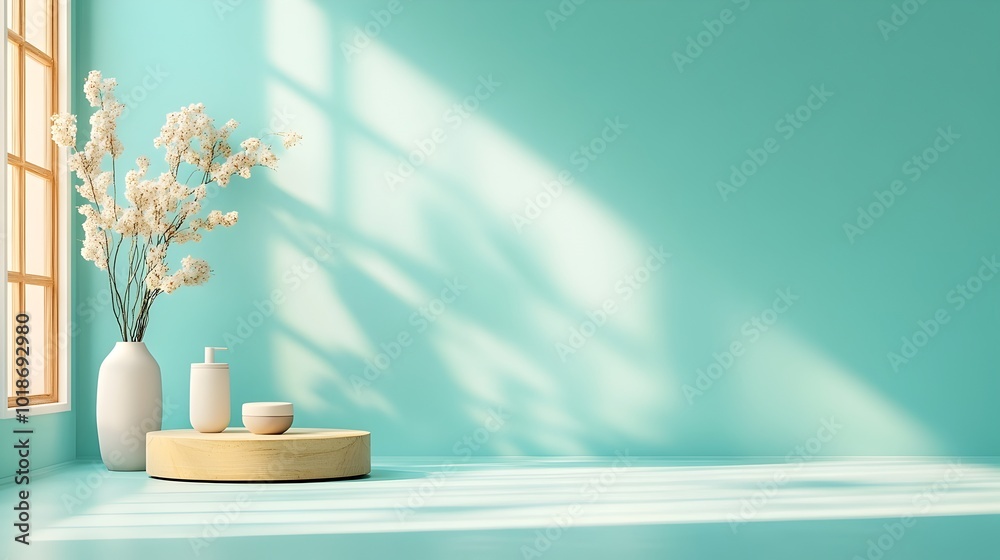 Vibrant 3D studio room with turquoise color backdrop empty floor and wall product podium display shadow overlay from window and soft natural sunlight Vibrant 3D studio room with turquoise color backdrop empty floor and wall product podium display shadow overlay from window and soft natural sunlight