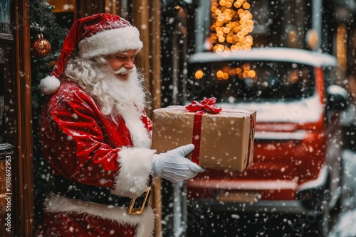 A festive outdoor scene featuring Santa Claus holding a large wrapped gift with a gold ribbon.	
 photo