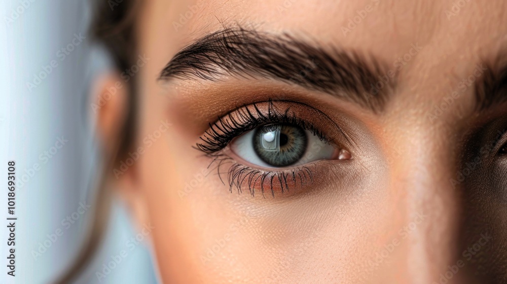 Close up of female eye with bright makeup and brush applying mascara on eyelashes Close up of female eye with bright makeup and brush applying mascara on eyelashes