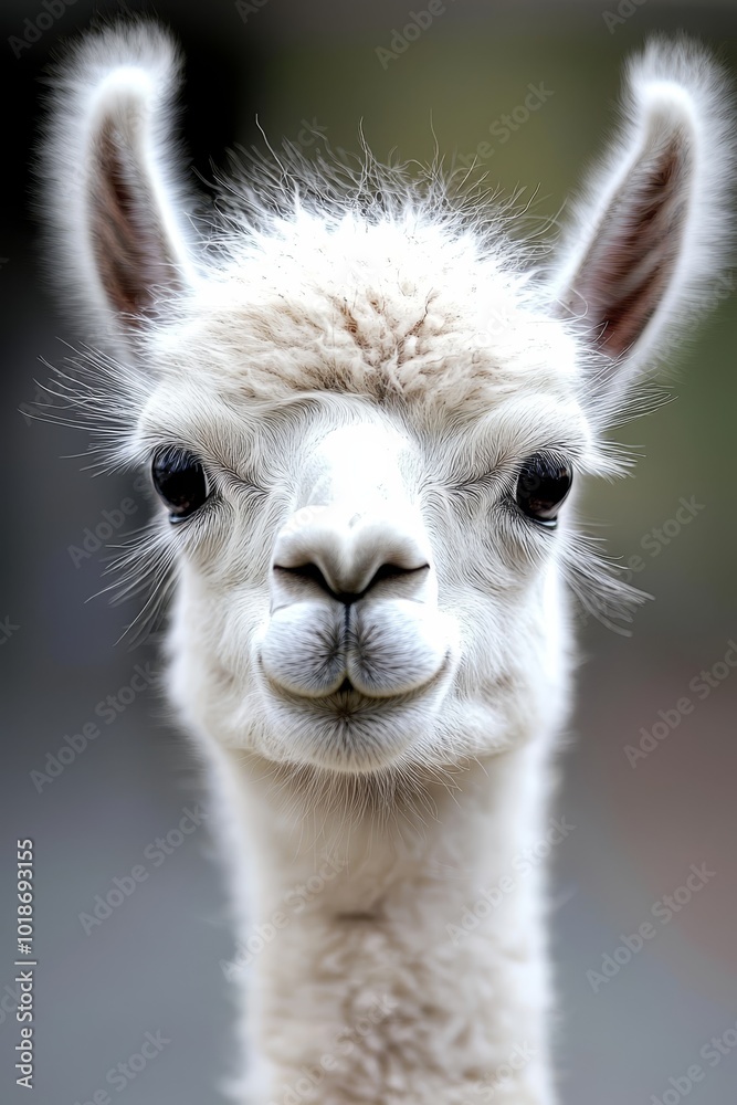 Obraz premium A llama in close-up, gazing at the camera with a humorous expression