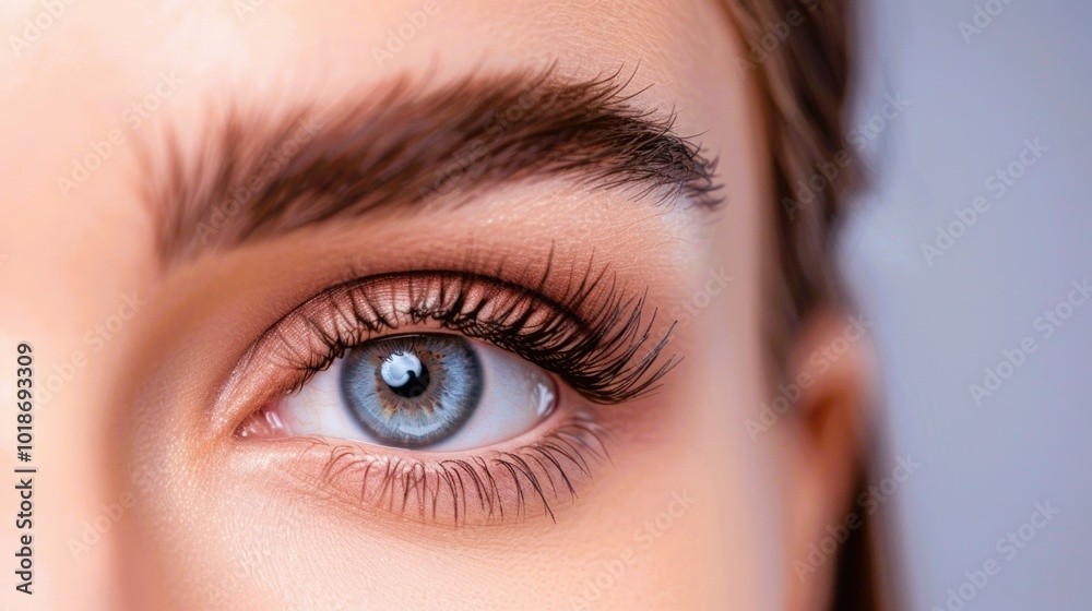 Close up of female eye with bright makeup and brush applying mascara on eyelashes Close up of female eye with bright makeup and brush applying mascara on eyelashes