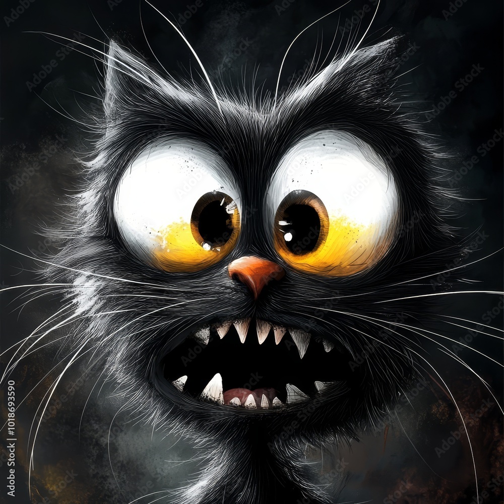 Obraz premium A tight shot of a black feline with yellow eyes, flaunting a wide grin